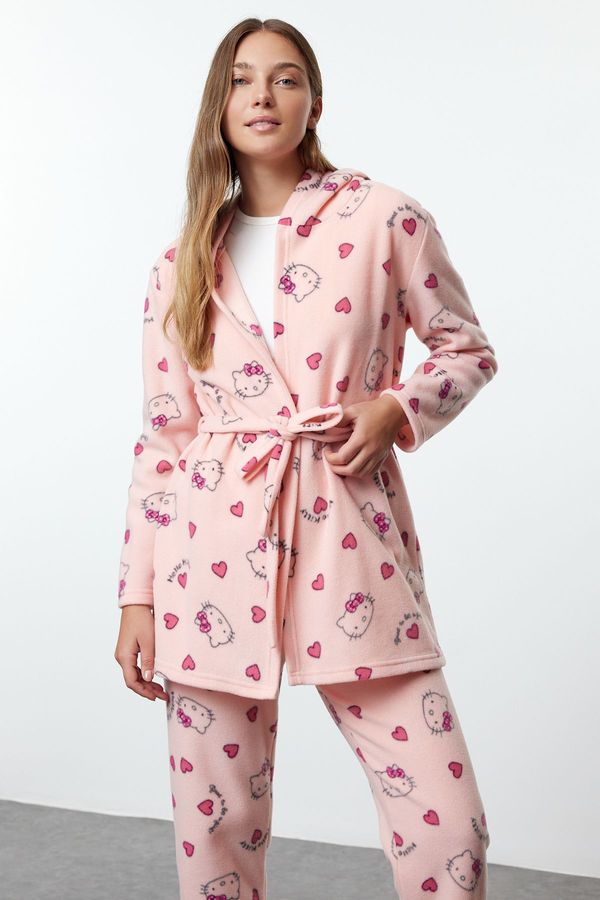 Trendyol Trendyol Hello Kitty Licensed Pink-Multicolored Belted Polar Fleece Knitted Dressing Gown