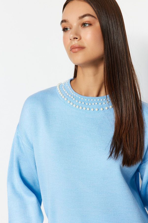 Trendyol Trendyol Ice Blue Pearl Detailed Knitwear Sweater