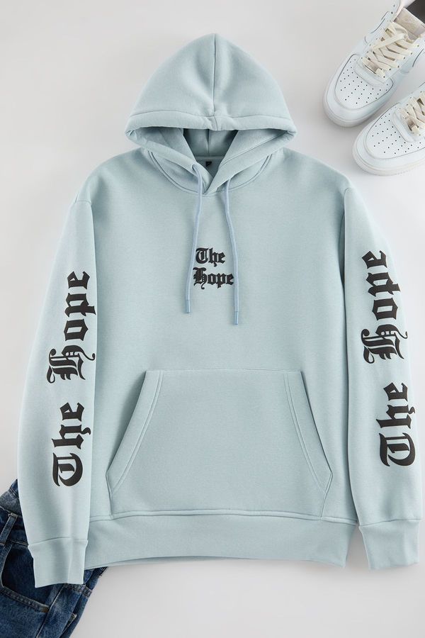 Trendyol Trendyol Ice Blue Regular Cut Sleeve Text Printed Hooded Sweatshirt