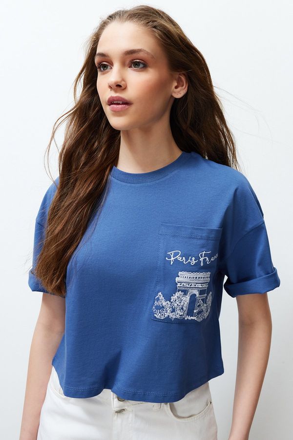 Trendyol Trendyol Indigo 100% Cotton Crop Knitted T-Shirt with Pockets and Embroidery Detail