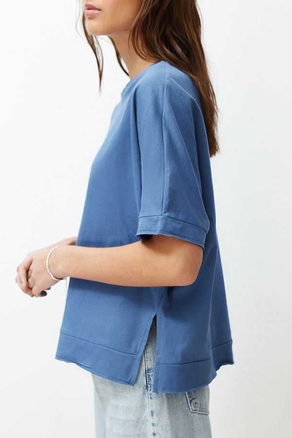 Trendyol Trendyol Indigo 100% Cotton Cut and Slit Detailed Oversize/Comfortable Cut Knitted T-Shirt