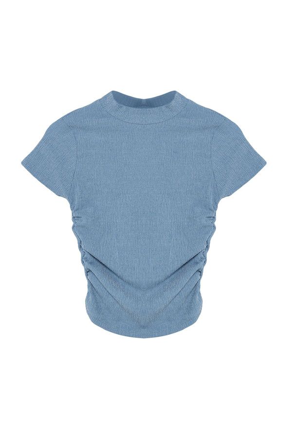 Trendyol Trendyol Indigo High Collar Short Sleeve Gather Detailed Flexible Knitted Blouse