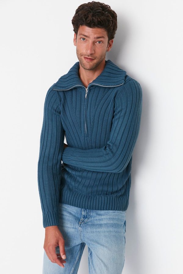 Trendyol Trendyol Indigo Men's Slim Fit Half Turtleneck Turtleneck Zipper Knitted Detailed Knitwear Sweater