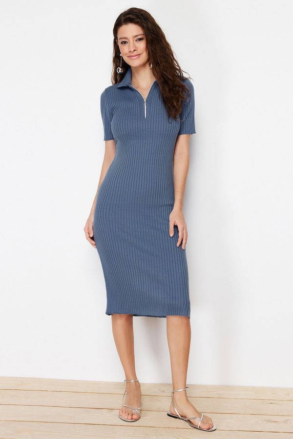 Trendyol Trendyol Indigo Midi Knitwear Polo Collar Dress