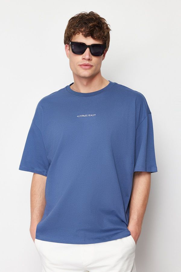 Trendyol Trendyol Indigo Oversize 100% Cotton Embroidered Text T-Shirt