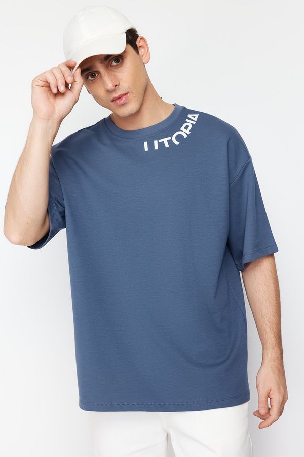 Trendyol Trendyol Indigo Oversize Text Printed T-Shirt