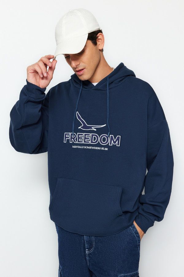 Trendyol Trendyol Indigo Oversize/Wide Cut Hooded Mesh Embroidered Fleece Inside/Warm Sweatshirt