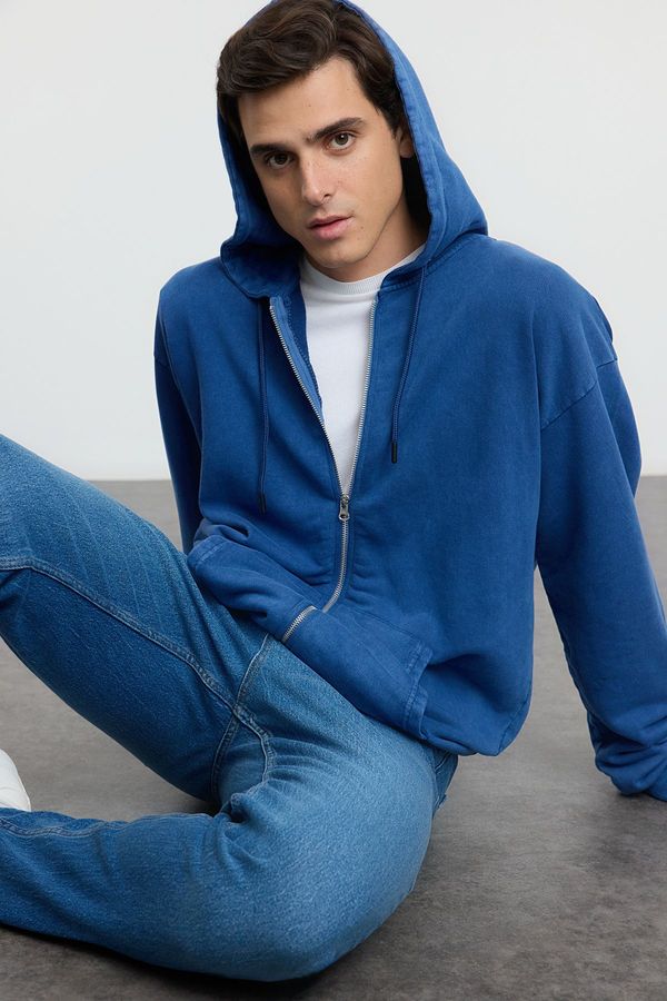 Trendyol Trendyol Indigo Oversize/Wide Cut Hooded Vintage/Faded Effect Basic Zipper Cardigan/Sweatshirt