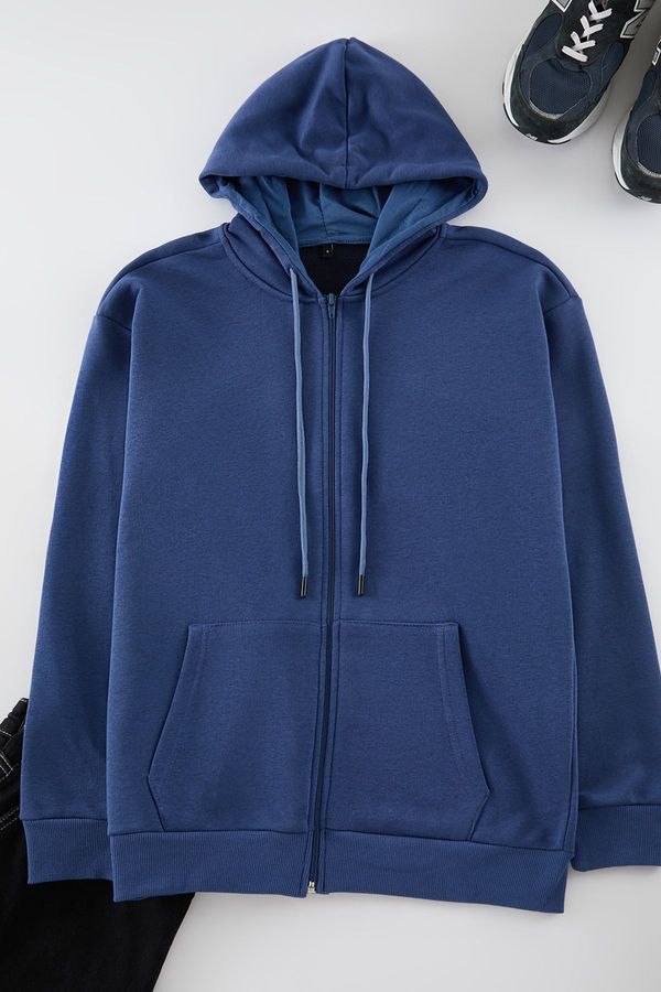 Trendyol Trendyol Indigo Oversize/Wide Cut Hooded Zippered Thick Basic Sweatshirt-Cardigan