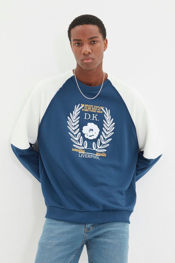 Trendyol Trendyol Indigo Oversize/Wide-Fit Raglan Sleeve Color Block Printed Cotton Sweatshirt