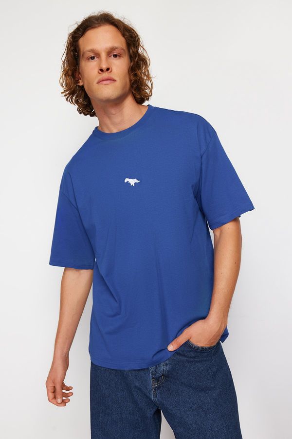 Trendyol Trendyol Indigo Oversize/Wide-Fit Short Sleeve Dinosaur Embroidery 100% Cotton T-Shirt
