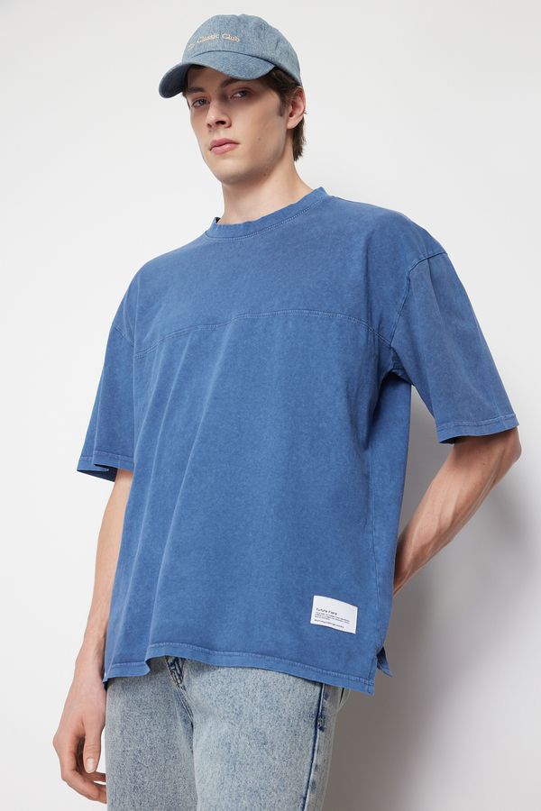 Trendyol Trendyol Indigo Oversize/Wide Fit Stitched Label Faded Effect 100% Cotton T-Shirt