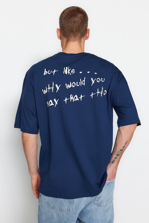 Trendyol Trendyol Indigo Oversize/Wide-Fit Text Printed Short Sleeve 100% Cotton T-Shirt