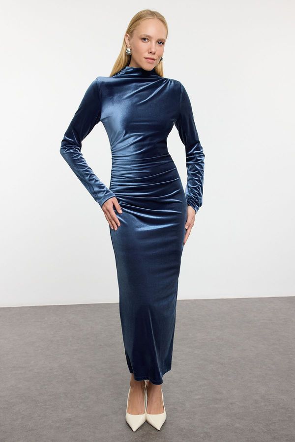 Trendyol Trendyol Indigo Straight Ruffle/Drape Detailed High Collar Midi Bodycone/Fitting Knitted Dress