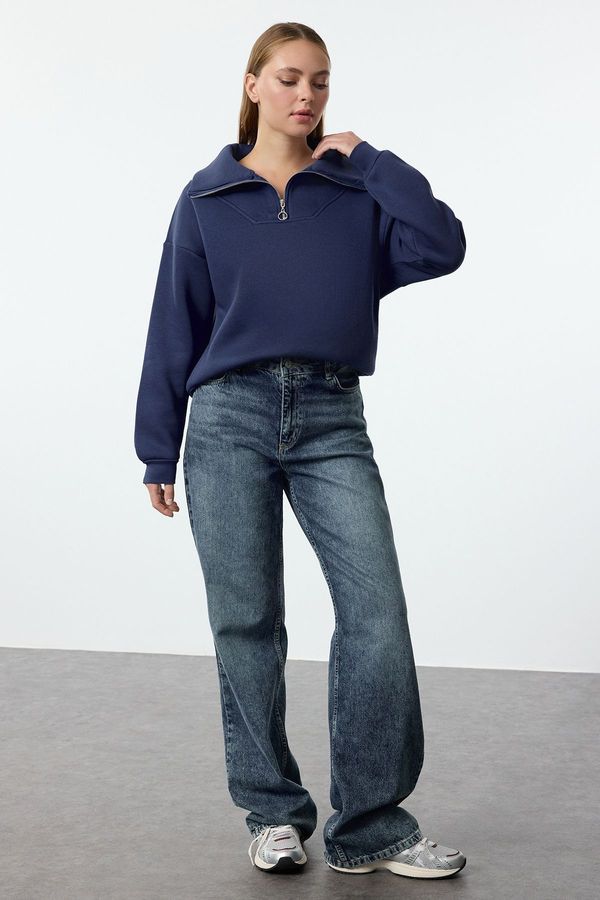 Trendyol Trendyol Indigo Thick Fleece Zippered Oversize/Wide Fit Knitted Sweatshirt