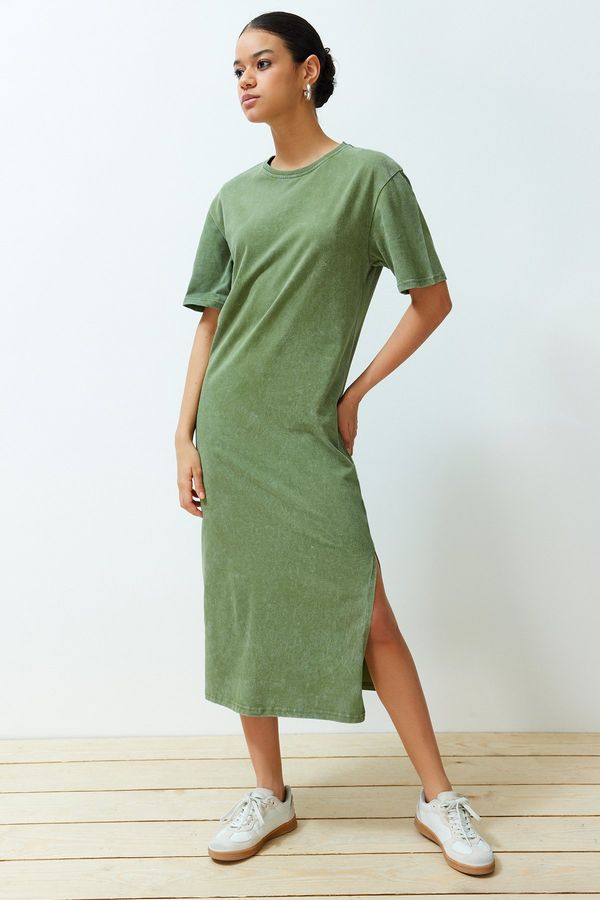 Trendyol Trendyol Khaki 100% Cotton Antique Effect Slit Shift/Comfortable Fit Knitted Midi Dress