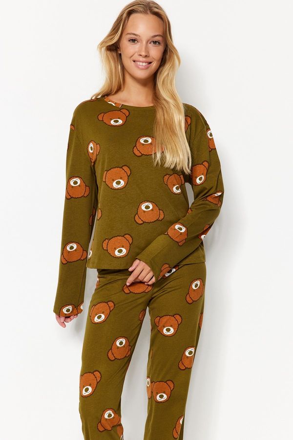 Trendyol Trendyol Khaki 100% Cotton Teddy Bear Patterned Tshirt-Jogger Knitted Pajama Set