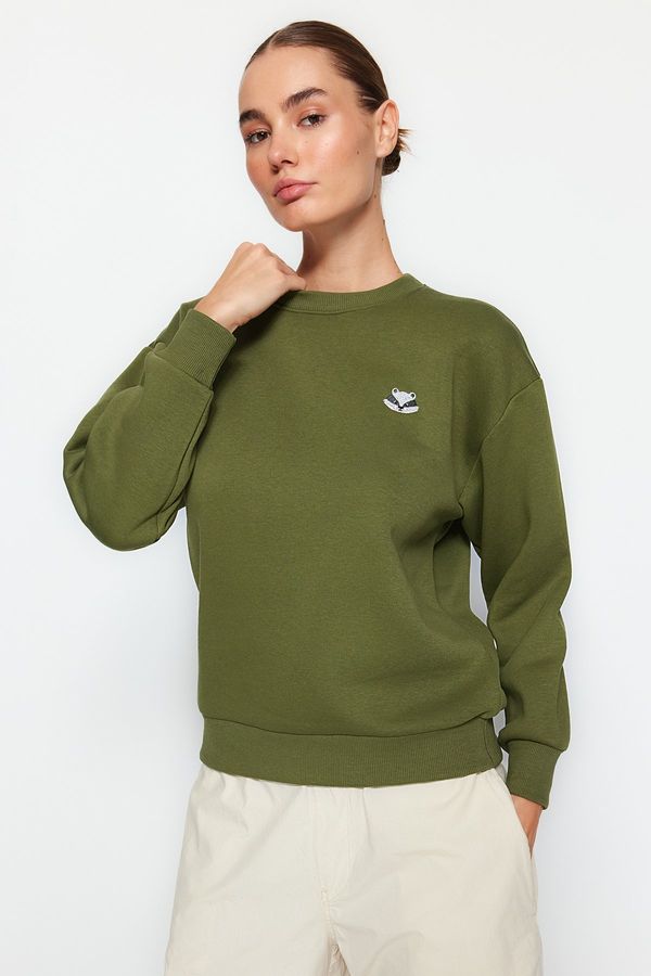 Trendyol Trendyol Khaki Animal Embroidered Regular/Normal Fit Fleece Inner Knitted Sweatshirt