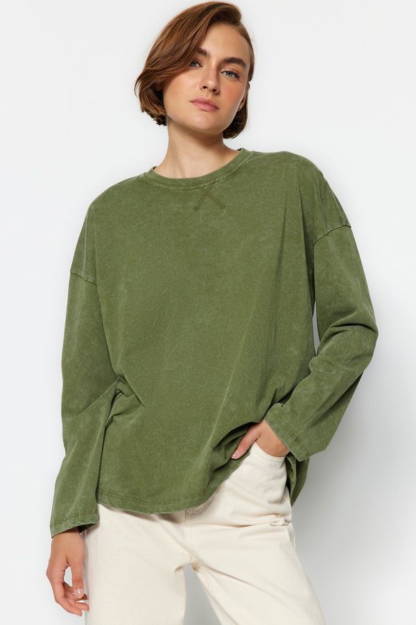 Trendyol Trendyol Khaki Antique/Faded Effect Relaxed/Comfortable Fit Crew Neck Long Sleeve Knitted T-Shirt