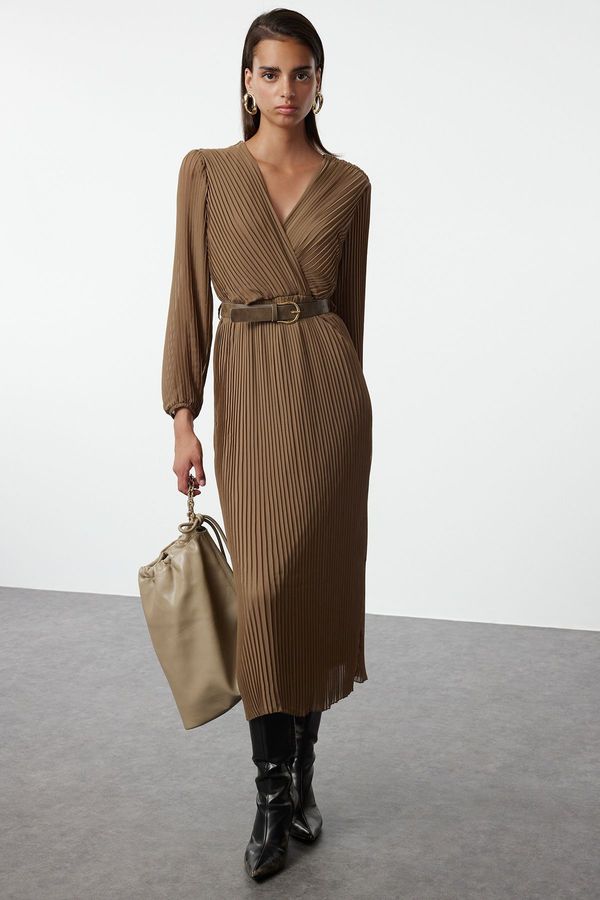 Trendyol Trendyol Khaki Belted A-Line Pleated Maxi Lined Chiffon Woven Dress