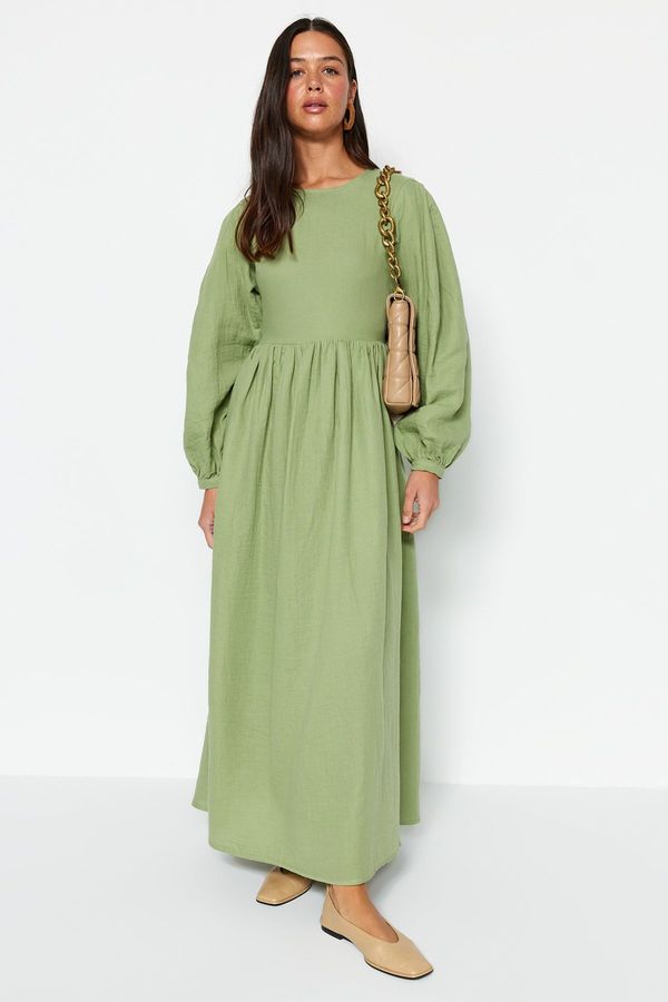Trendyol Trendyol Khaki Belted Comfort Fit Lined Muslin 100% Cotton Woven Dress