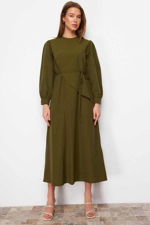 Trendyol Trendyol Khaki Belted Front Split Cotton Woven Dress