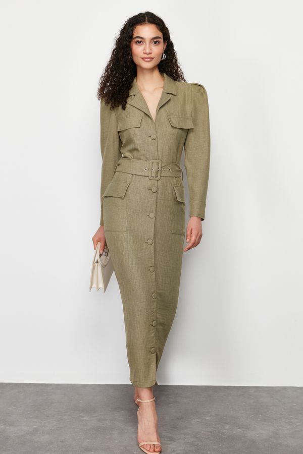 Trendyol Trendyol Khaki Belted Linen Look Woven Shirt Dress