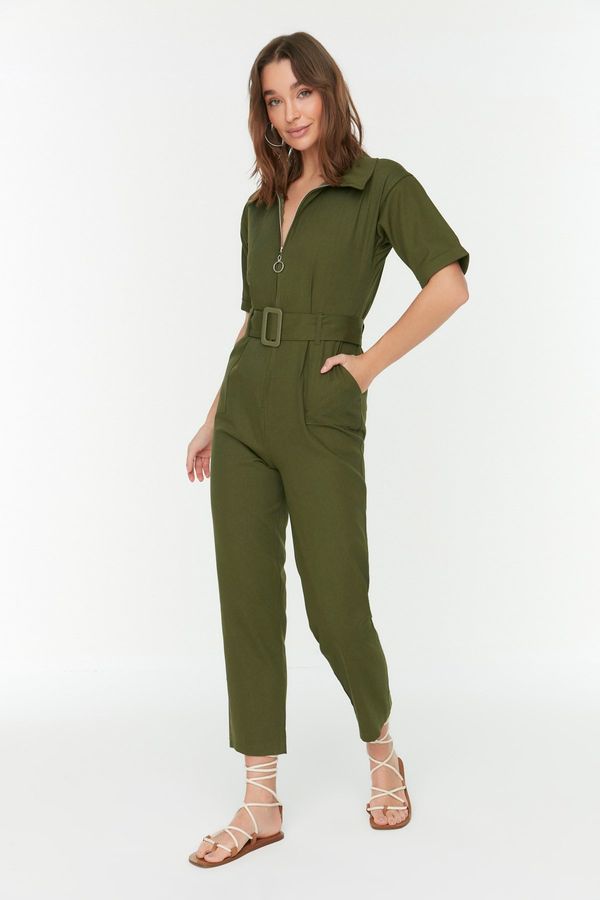 Trendyol Trendyol Khaki Belted Zipper Detailed Woven Jumpsuit