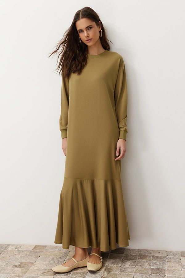 Trendyol Trendyol Khaki Crew Neck Flounce Knitted Dress