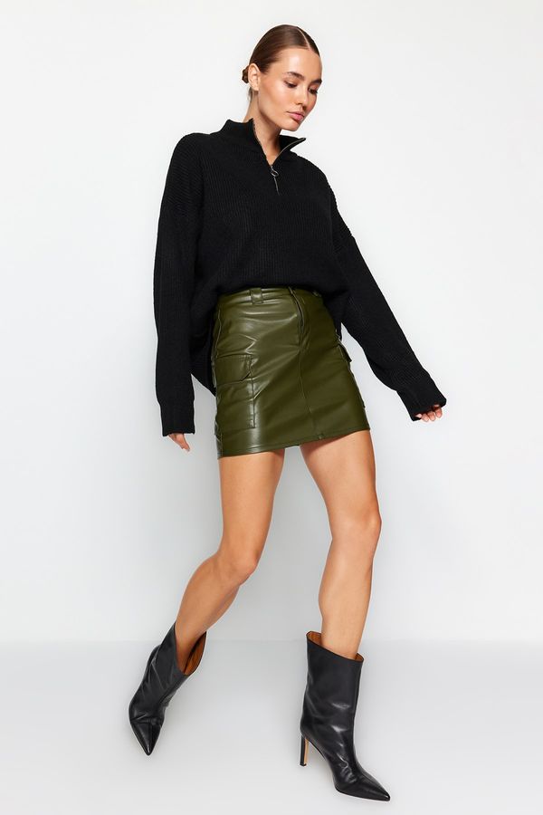 Trendyol Trendyol Khaki Faux Leather Cargo Pocket High Waist Fitted Mini Knitted Skirt