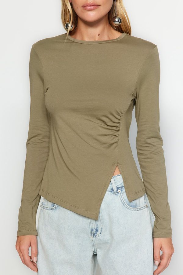 Trendyol Trendyol Khaki Knitted Blouse With One Slit Detail Cotton Pleated Round Neck