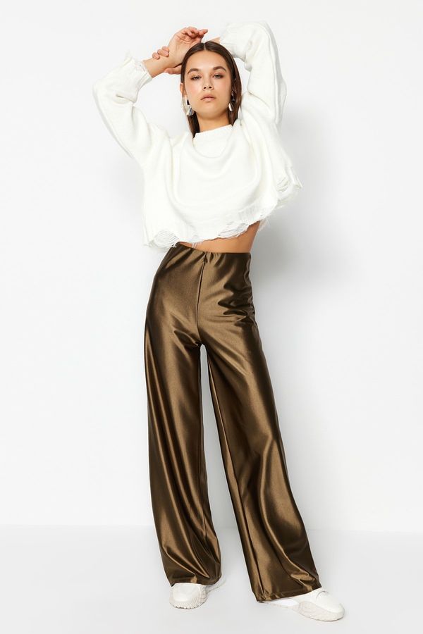 Trendyol Trendyol Khaki Premium Satin Wideleg/Wide Leg Knitted Pants