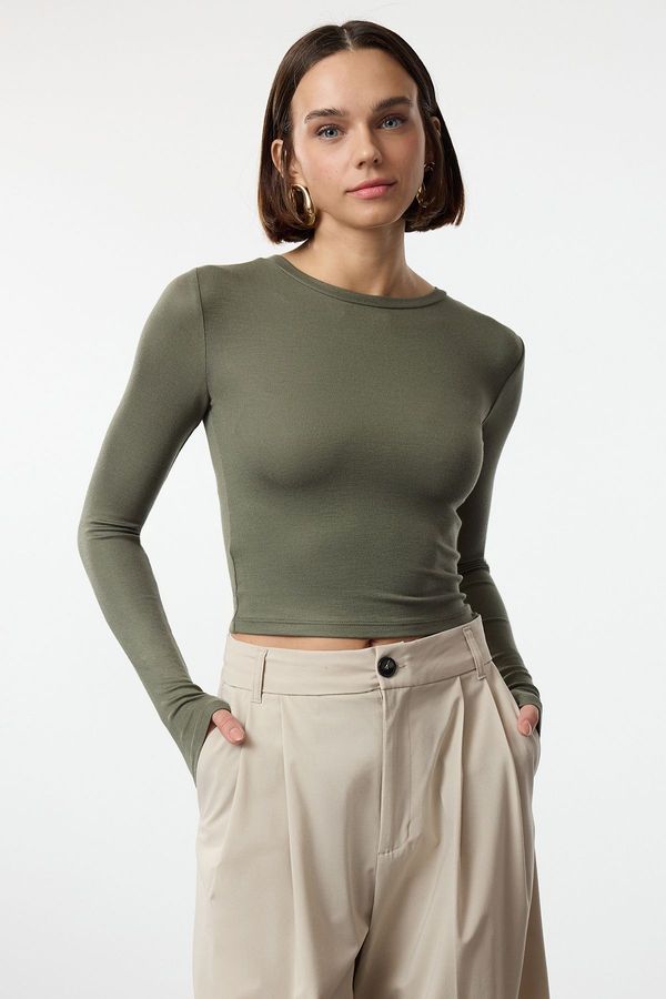 Trendyol Trendyol Khaki Premium Viscose Crew Neck Crop Stretchy Knitted Blouse