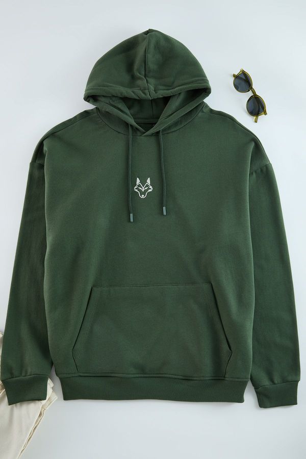 Trendyol Trendyol Khaki Regular/Normal Cut Hooded Polar Fleece Inside Wolf Embroidered Sweatshirt