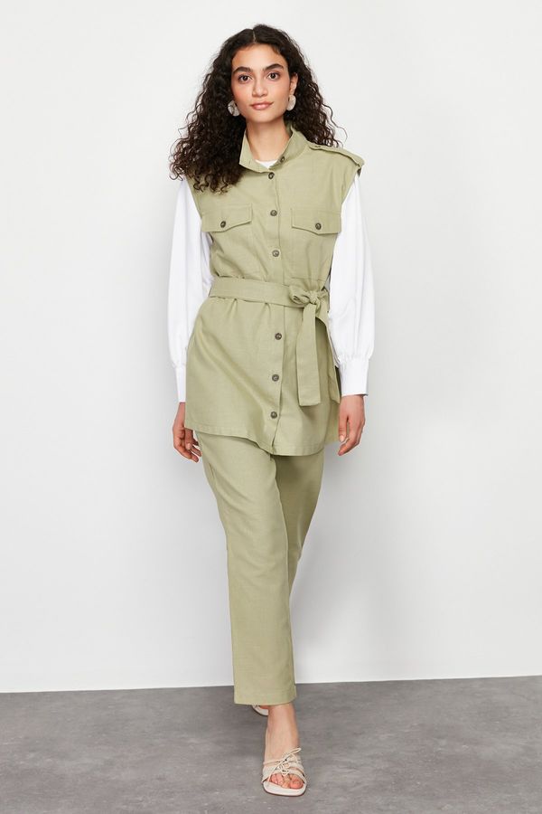 Trendyol Trendyol Khaki Safari Model Woven Gabardine Vest Trousers Bottom Top Suit