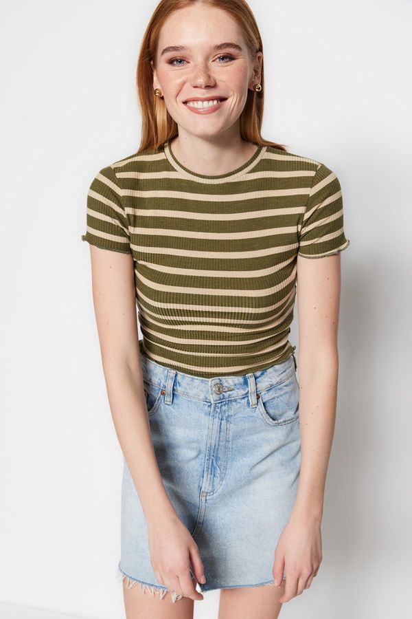 Trendyol Trendyol Khaki Striped Baby Overlock Detailed Fitted Crop Ribbed Knitted Blouse