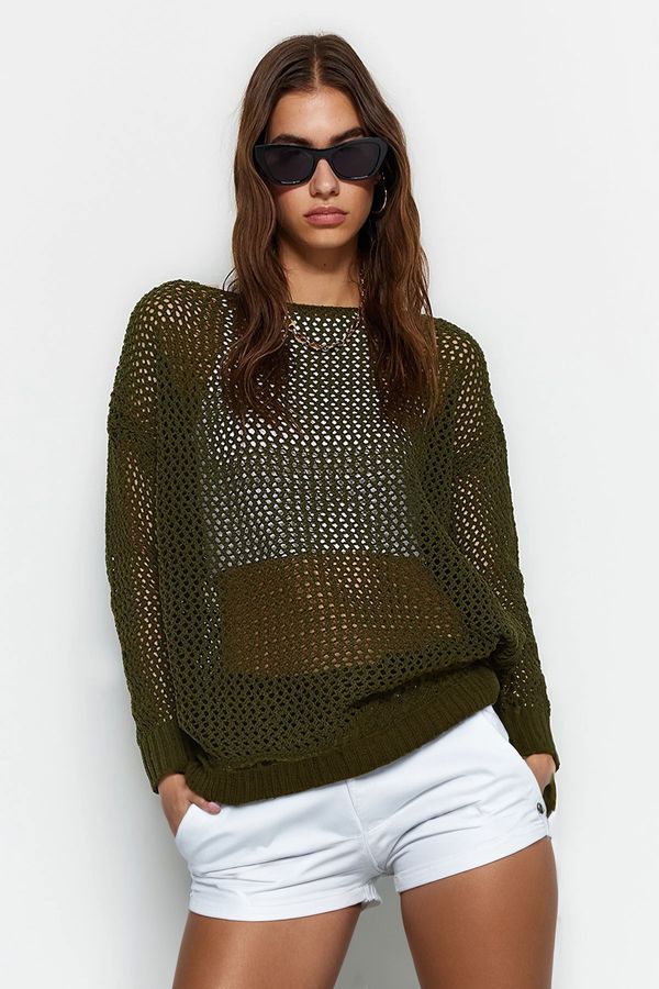 Trendyol Trendyol Khaki Super Wide Fit Cotton Openwork/Perforated Knitwear Sweater