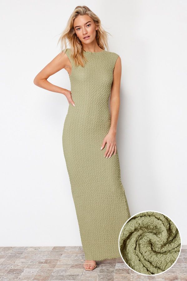 Trendyol Trendyol Khaki Textured Fabric Fitted Moon Sleeve Stretchy Knitted Midi Pencil Dress