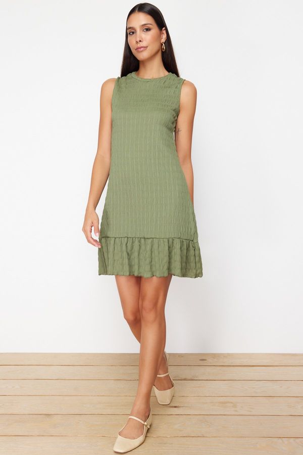 Trendyol Trendyol Khaki Textured Skirt Ruffled Sleeveless Flexible Knitted Mini Dress