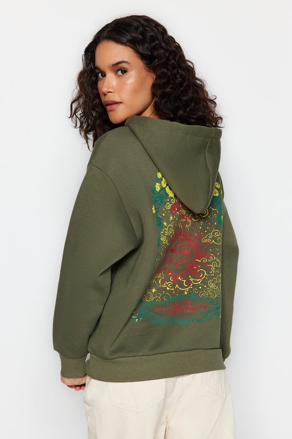 Trendyol Trendyol Khaki Thick Inside Fleece Front and Back Printed Oversize/Wide Fit Knitted Sweatshirt