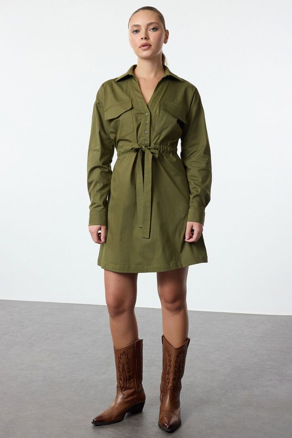 Trendyol Trendyol Khaki Waist Tunnel Detailed Cotton Mini Woven Dress