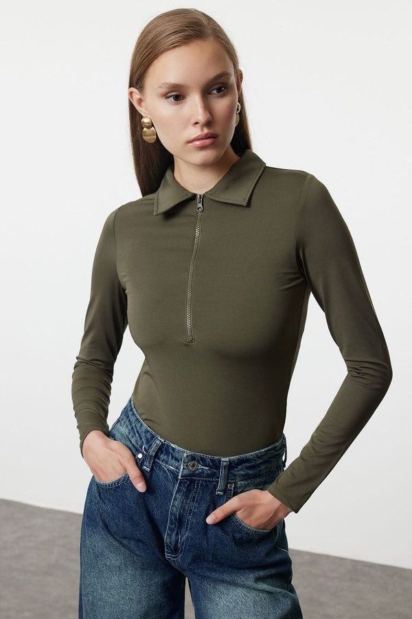 Trendyol Trendyol Khaki Zipper Collar Detailed Stretchy Knitted Bodysuit with Snap Fasteners