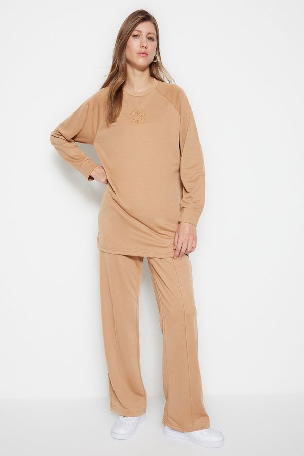 Trendyol Trendyol Knitted Camel Tracksuit Set With Print Detail