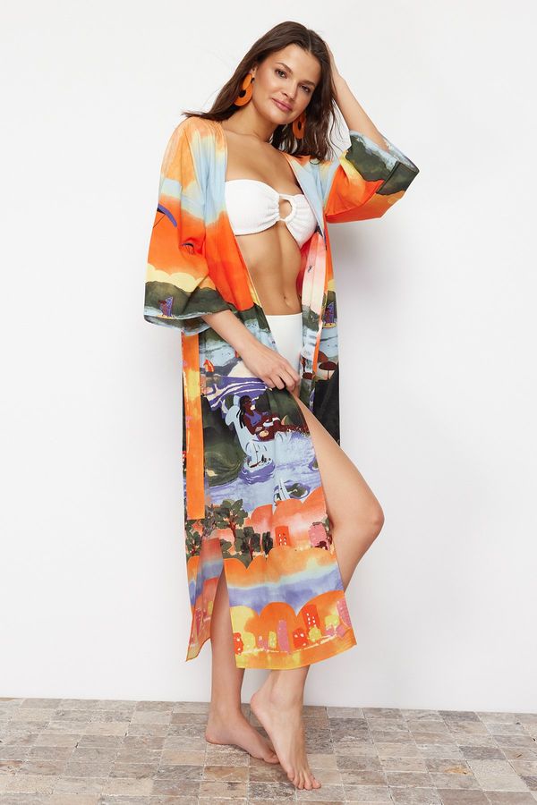 Trendyol Trendyol Landscape Pattern Belted Maxi Woven Kimono & Kaftan