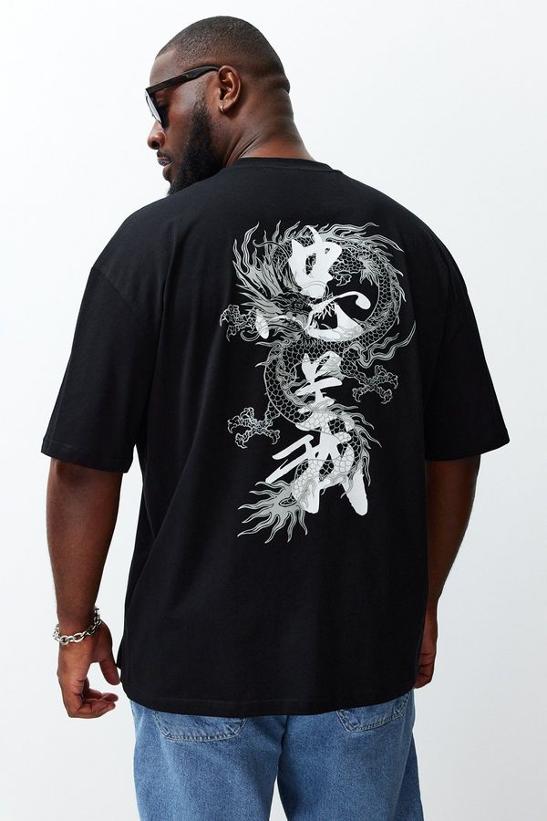 Trendyol Trendyol Large Size Black Oversize/Wide Cut Far East Printed 100% Cotton T-shirt