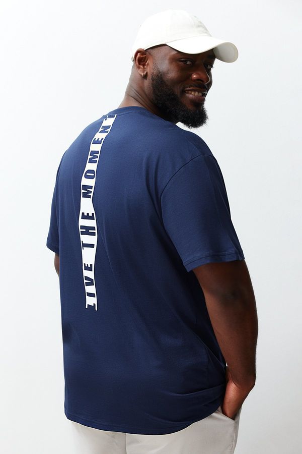 Trendyol Trendyol Large Size Navy Blue Relaxed/Comfortable Cut Back Text Printed 100% Cotton T-Shirt