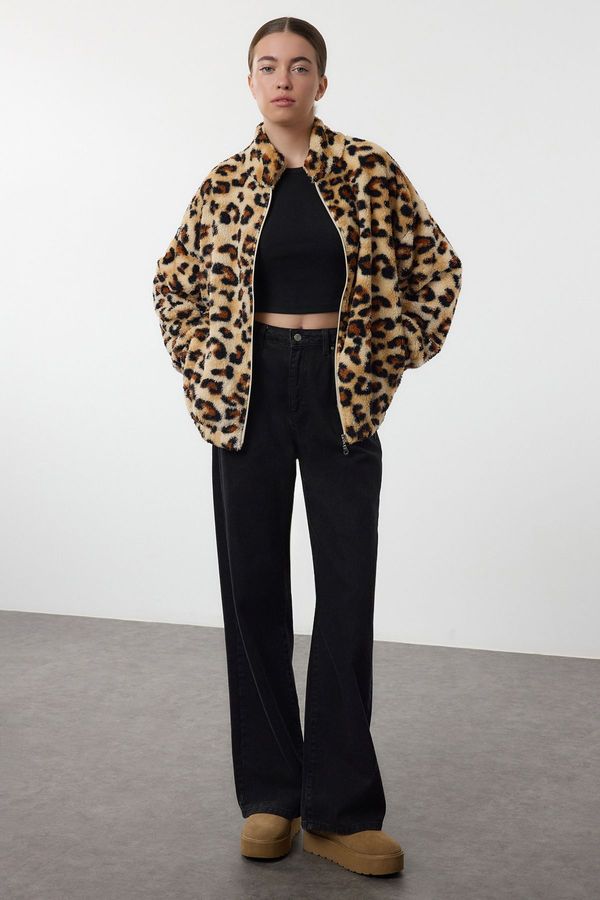 Trendyol Trendyol Leopard Printed Plush Oversize/Wide Cut Knitted Sweatshirt