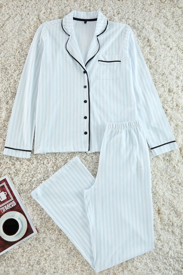 Trendyol Trendyol Light Blue 100% Cotton Striped Piping Detailed Knitted Pajama Set