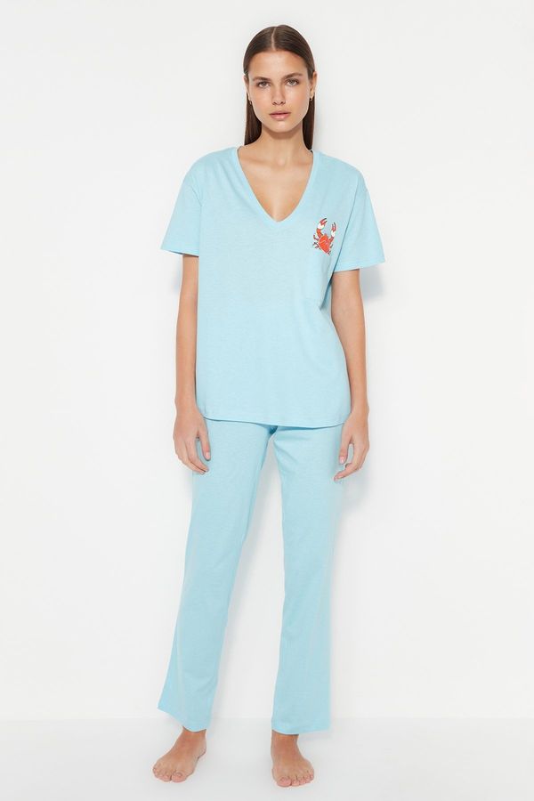Trendyol Trendyol Light Blue 100% Cotton Wide Fit T-shirt-Pants with Pockets Printed Knitted Pajamas Set