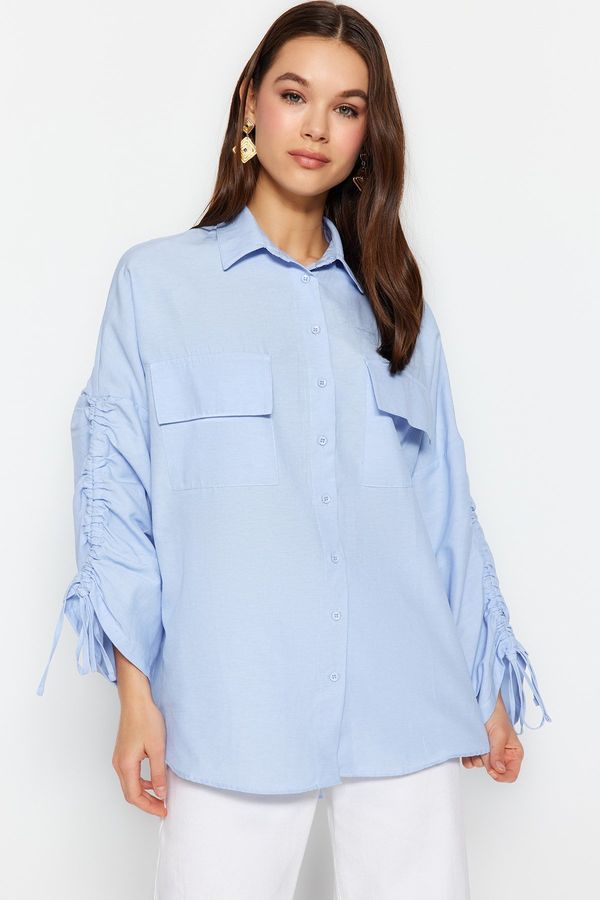 Trendyol Trendyol Light Blue Blue Shirt with Adjustable Drawstring Detail Woven Cotton Shirt